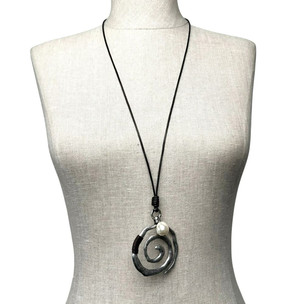 Spiral Pendant Necklace Silver Tone Pearl-like Accent Cord Boho Minimalist